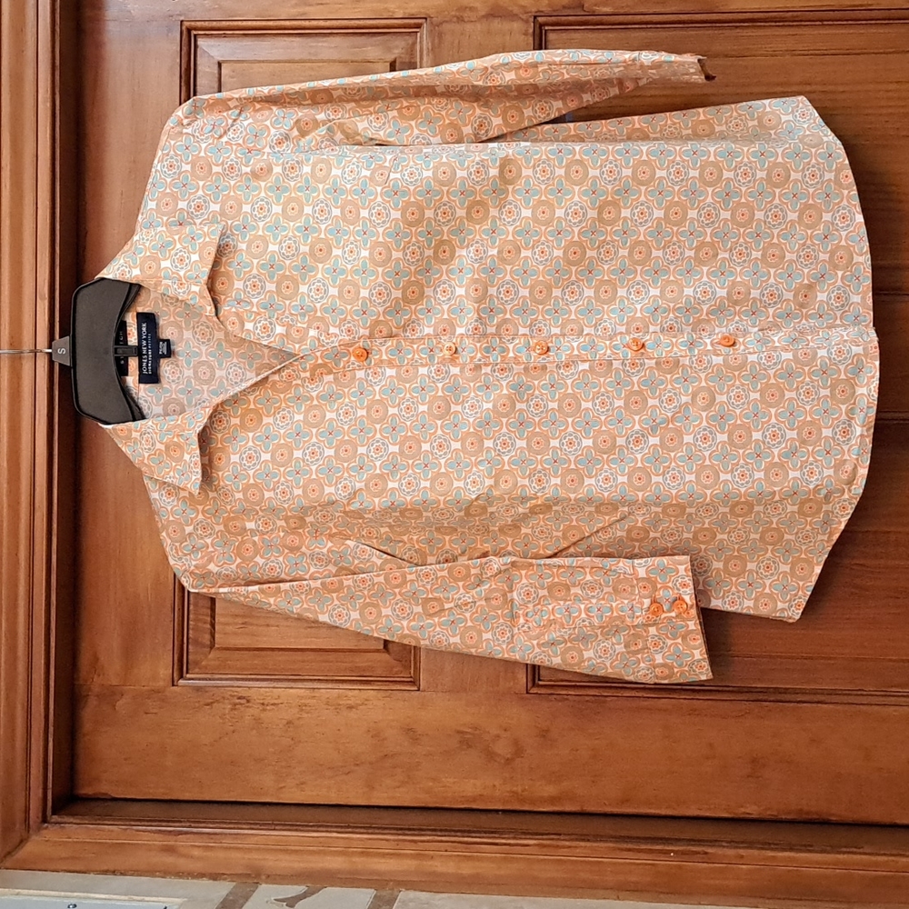 Jones New York 3/4 sleeve button down coral, tan, teal petite small w/stretch